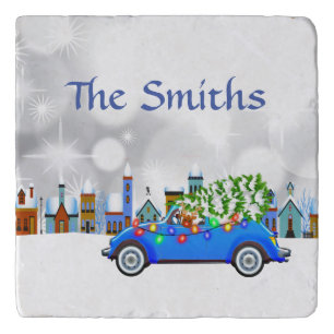 Little Blue Car & Tree Christmas Custom Trivet