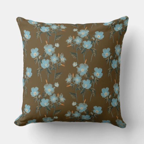 Little Blue Forget Me Not Flowers Over Brown Throw Pillow