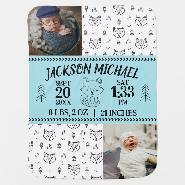 Little Blue Fox Birth Stat Baby Blanket (Front)