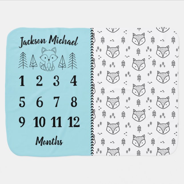 Little Blue Fox Milestone Baby Blanket (Horizontal)