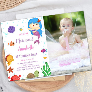 Little Blue Hair Mermaid Invitations with Photo