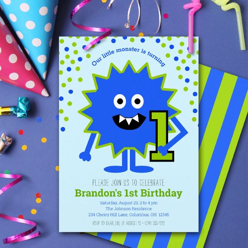 Little Blue Monster Boy 1st Birthday Cute Fun  Invitation