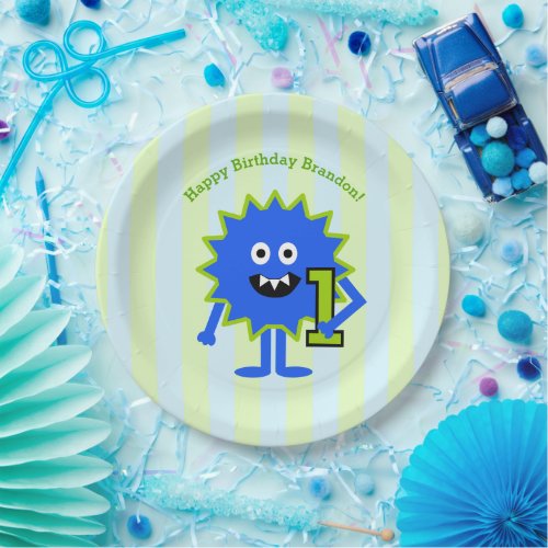 Little Blue Monster Boy Cute 1st Birthday Paper Paper Plates