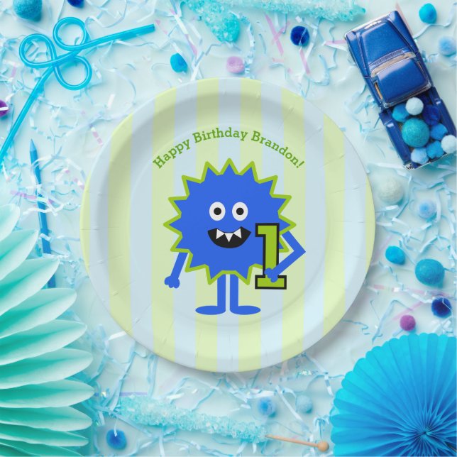 Little Blue Monster Boy Cute 1st Birthday Paper Paper Plates (Party)