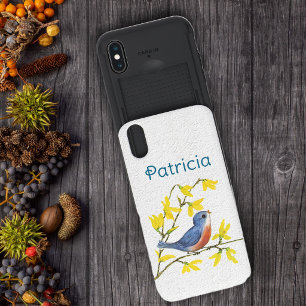 Little Blue Red Bird on Branch Yellow Flowers iPhone X Slider Case