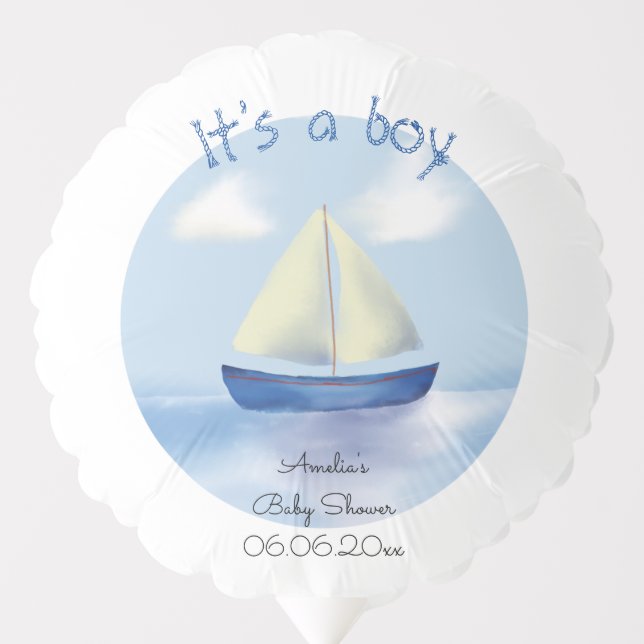 Little Blue Sail Boat Boys Baby Shower Balloon (Front)