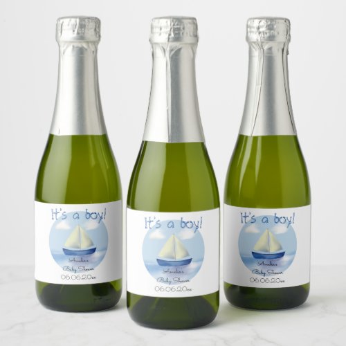 Little Blue Sailboat Boys Baby Shower Sparkling Wine Label