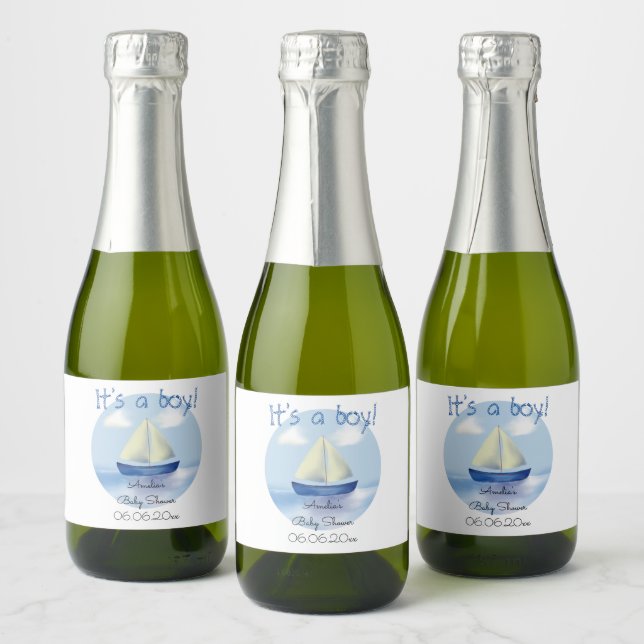 Little Blue Sailboat Boys Baby Shower Sparkling Wine Label (Bottles)