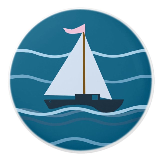 Little blue sailboat ceramic knob (Front)