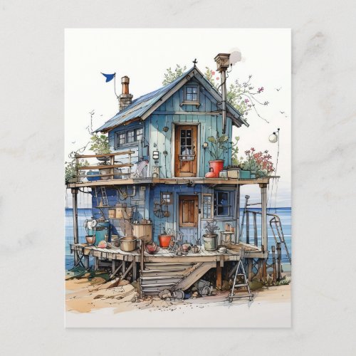 Little Blue Seaside Shack Art Postcard