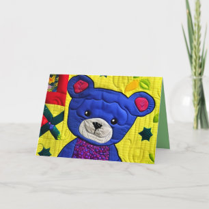 Little Blue Teddy Bear Quilt Like Design Birthday Letterpress Thank You Card