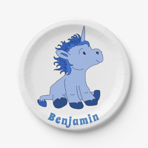 Little Blue Unicorn Party Name Paper Plates - A personalizable paper plate with a little blue unicorn drawing with a dark blue mane and a tail. You can personalize it with your name. This plate is perfect for a birthday party especially for a boy because of the blue colors.