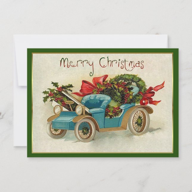 Little Blue Vintage Car Christmas Note Card (Front)