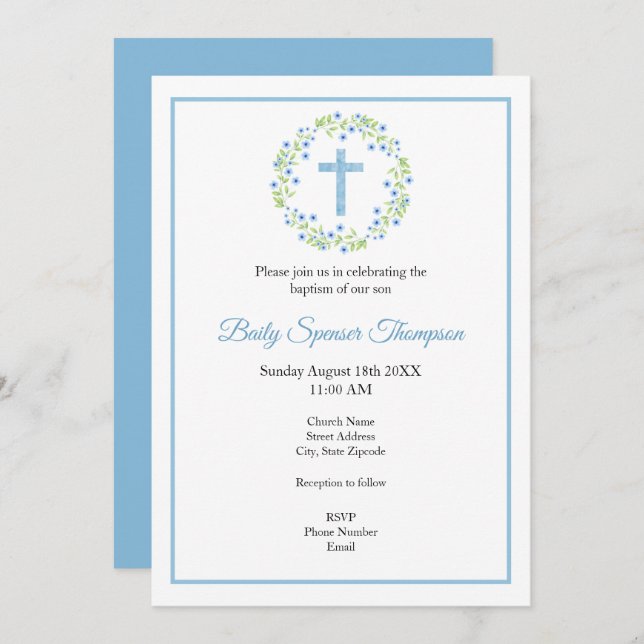 Little Blue Watercolor Blossoms Wreath & Cross  Invitation (Front/Back)
