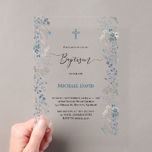 little blue watercolor flowers Baptism Acrylic Invitations
