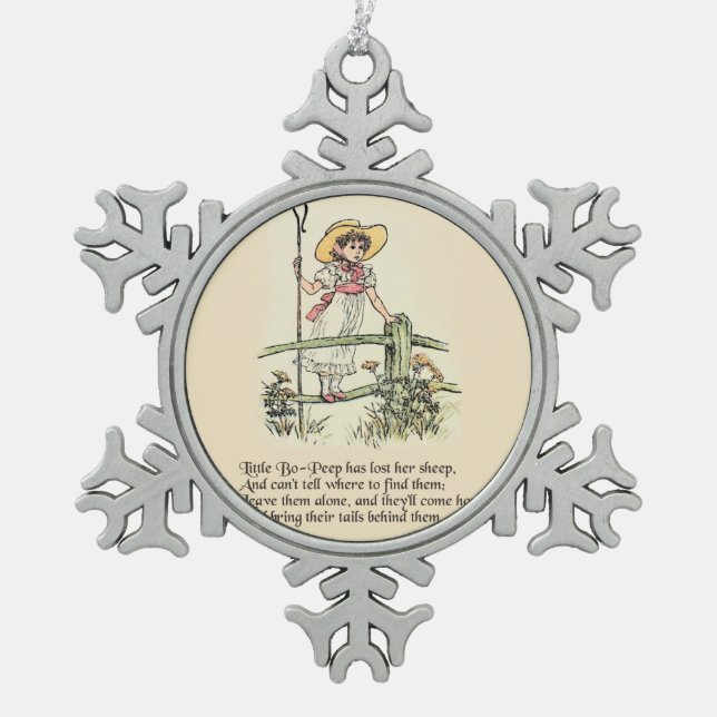 Little Bo-Peep: Classic Kate Greenaway Nursery Snowflake Pewter Christmas Ornament (Front)
