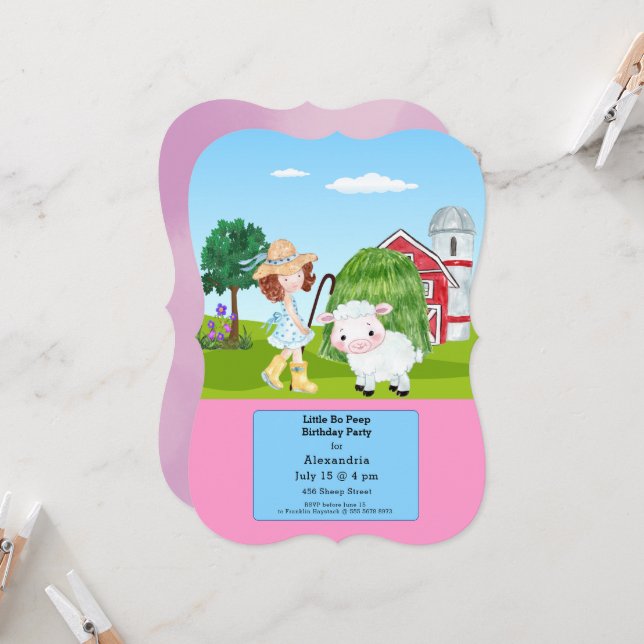 Little Bo Peep Sheep Fairy Tale Farm Birthday Invitation (Front/Back In Situ)