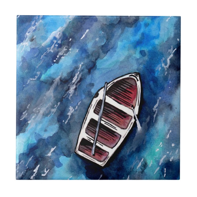 Little Boat on the Ocean Ceramic Tile (Front)