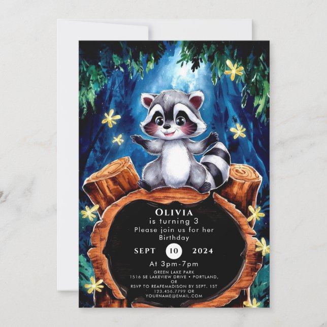 Little Boho Raccoon Birthday Invitation (Front)