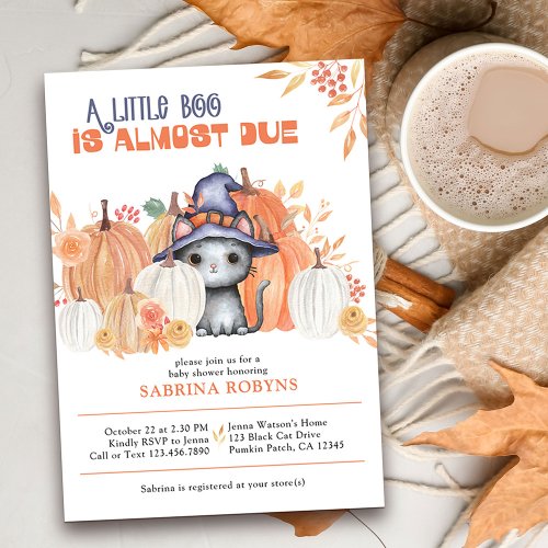 Little Boo Almost Due Cat in Witch Hat Baby Shower Invitation