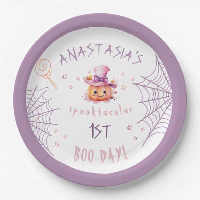 Little boo Almost Due Halloween Baby Girl Birthday Paper Plates (Front)