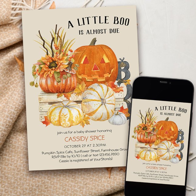 Little Boo Almost Due Rustic Pumpkin Halloween Invitation (Little Boo is almost due invitation for halloween pumpkin themed baby shower)