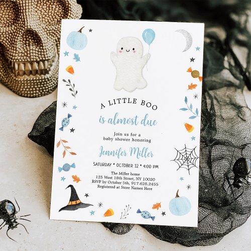 Little Boo Blue Ghost Halloween Baby Shower Invitation