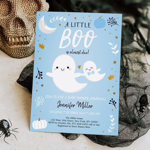 Little Boo Blue Gold Ghost Pumpkin Baby Shower Invitation