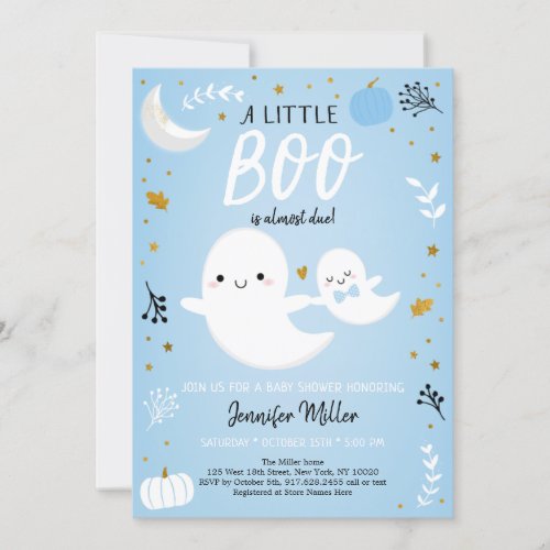 Little Boo Blue Gold Ghost Pumpkin Baby Shower Invitation