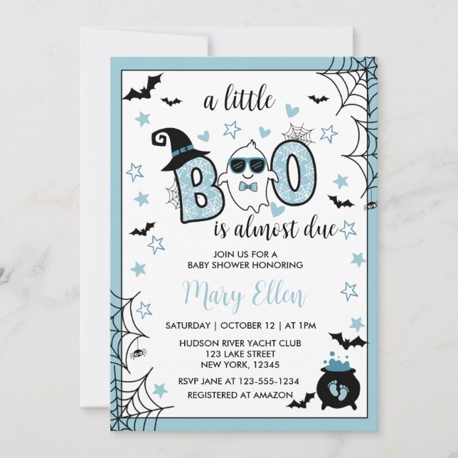 LITTLE BOO BLUE HALLOWEEN BABY SHOWER  INVITATION (Front)