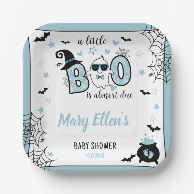 LITTLE BOO BLUE HALLOWEEN BABY SHOWER  PAPER PLATES (Front)