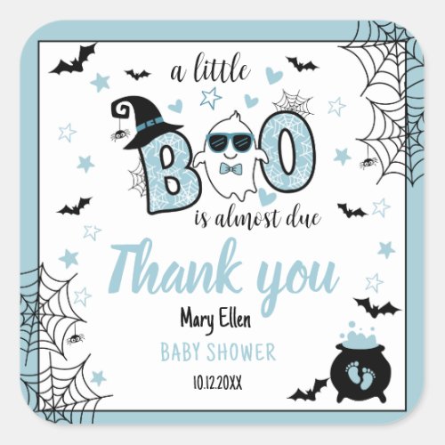 LITTLE BOO BLUE HALLOWEEN BABY SHOWER THANK YOU SQUARE STICKER