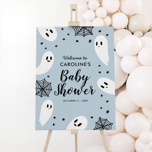 Little Boo Blue Halloween Baby Shower Welcome Sign