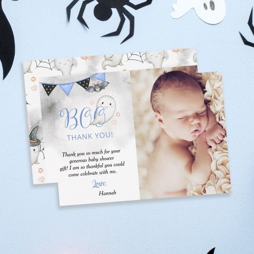 Little Boo Blue Halloween Ghost Baby Shower Photo Thank You Card