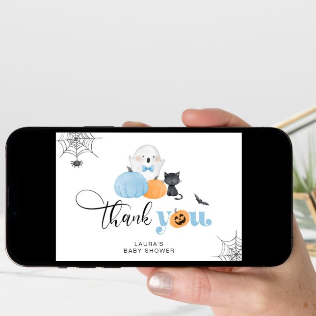 Little Boo blue spooky baby shower thank you card (Front Digital)