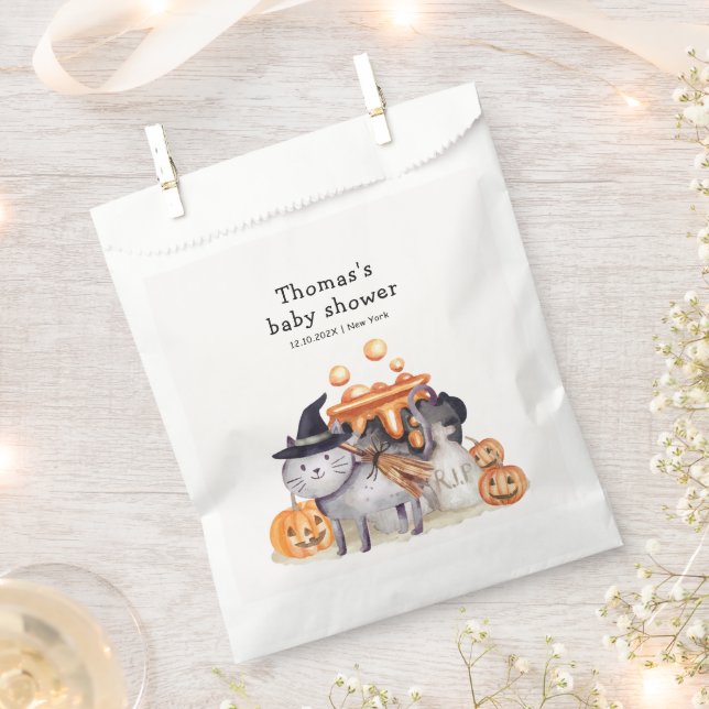 Little Boo Cat In Witch Hat Brewing Baby Shower  Favor Bag (Clipped)