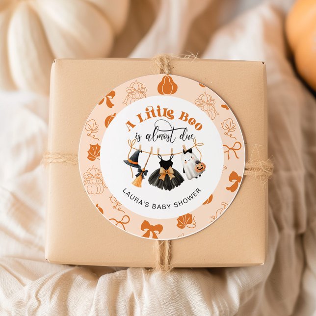 Little Boo Clothesline Bow Orange Baby Shower Classic Round Sticker (Creator Uploaded)