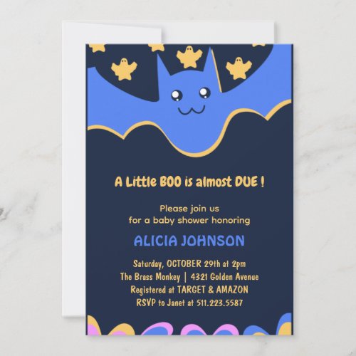 Little boo Cute bat Boy Halloween baby shower  Invitation