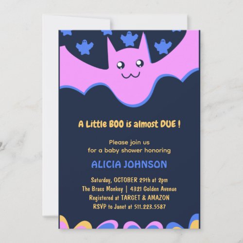 Little boo Cute bat Pink Halloween baby shower  Invitation