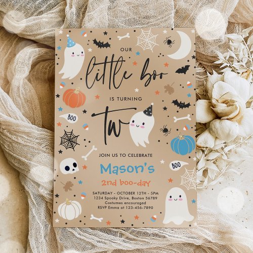 Little Boo Cute Blue Ghost 2nd Birthday Party Invitation