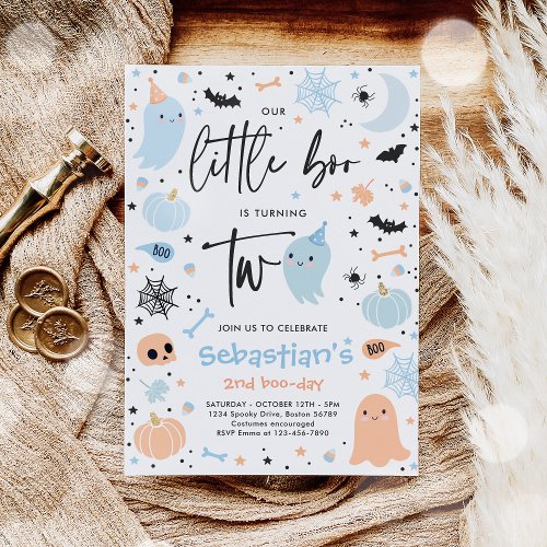 Little Boo Cute Blue Ghost 2nd Birthday Party Invitation