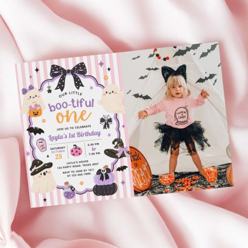 Little Boo Cute Ghost Halloween 1st Birthday Photo Invitation