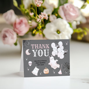 Little Boo Cute Ghost Halloween Baby Girl Shower Letterpress Thank You Card