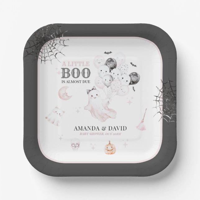 Little Boo Cute Ghost Halloween Baby Girl Shower Paper Plates (Front)