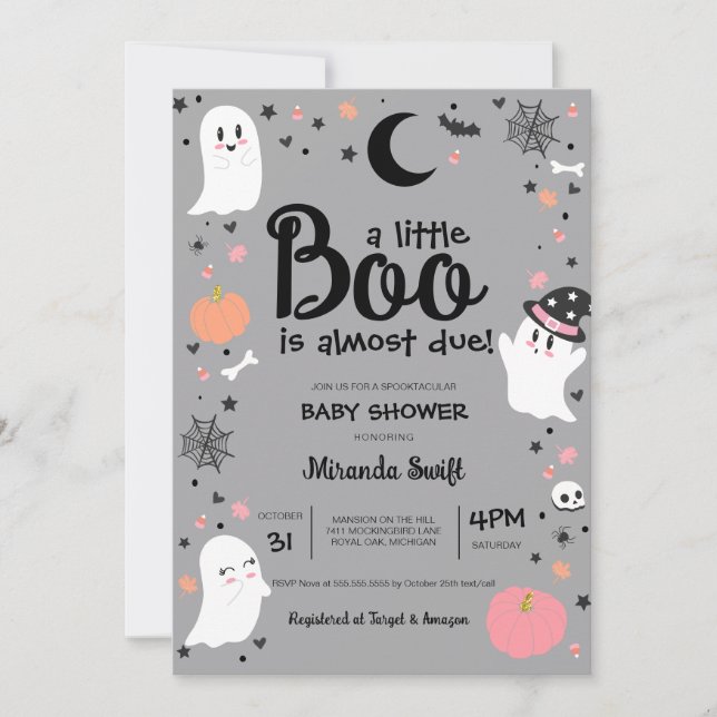 Little Boo Cute Ghost Halloween Pink Baby Shower Invitation (Front)
