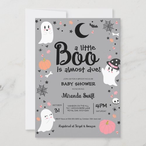 Little Boo Cute Ghost Halloween Pink Baby Shower Invitation