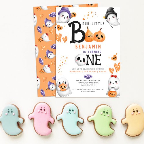 Little Boo Cute Ghosts Halloween First Birthday Invitation