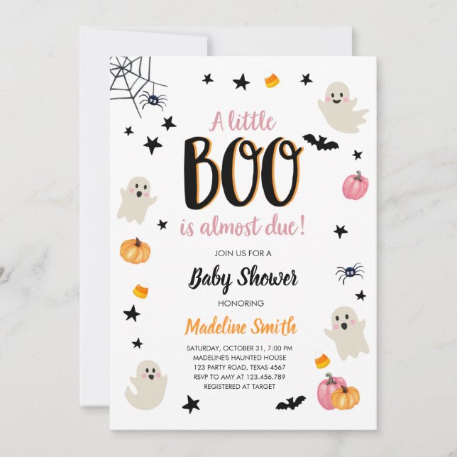 Little Boo Cute Halloween Pink Ghost Baby Shower I Invitation (Front)