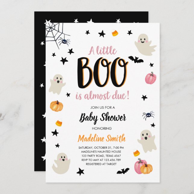 Little Boo Cute Halloween Pink Ghost Baby Shower Invitation (Front/Back)
