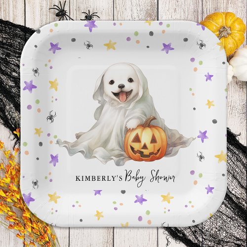 Little Boo Cute Halloween Watercolor Baby Shower Paper Plates